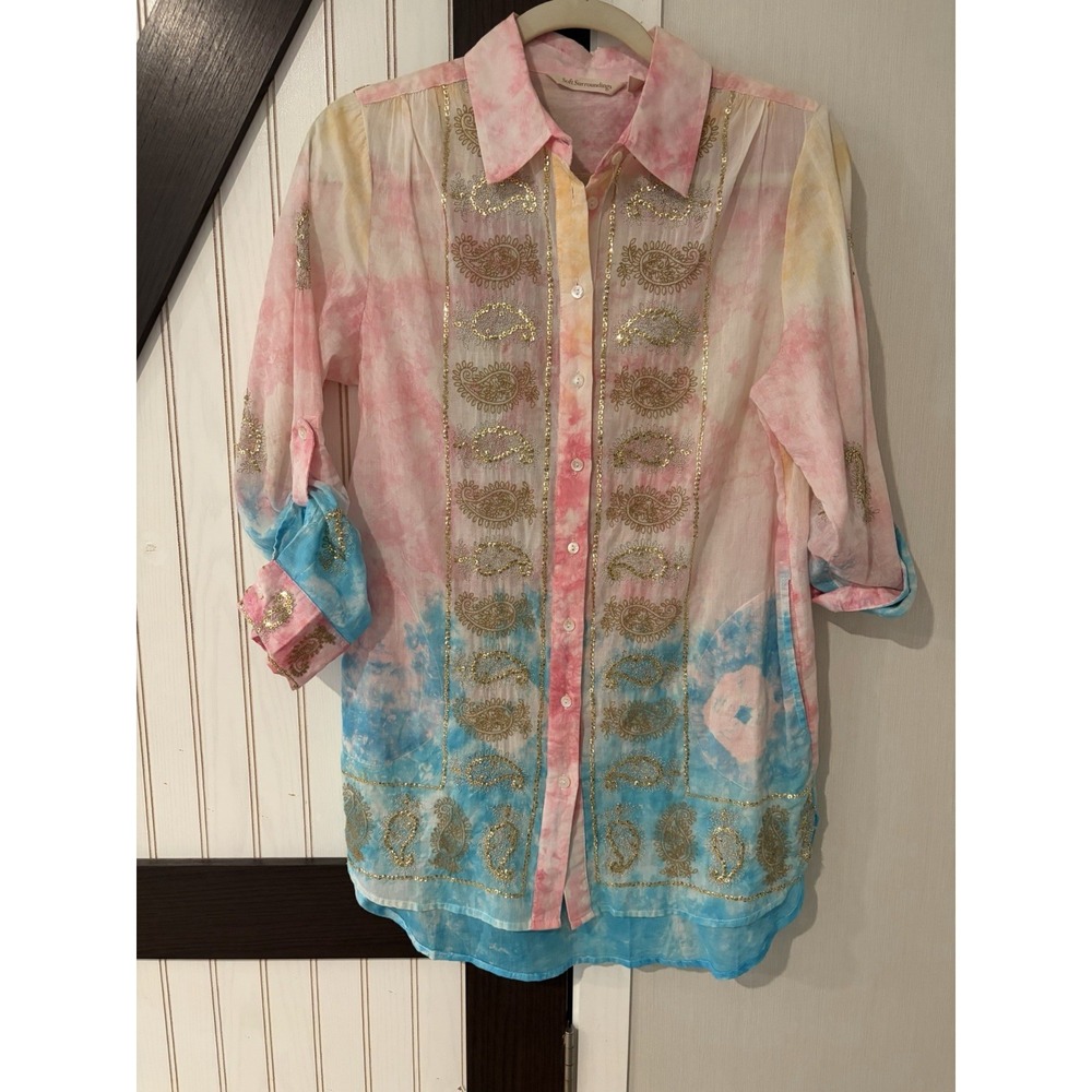 Soft Surroundings Bollywood Tie Dye Tunic Button Up Pink Blue Gold PXS